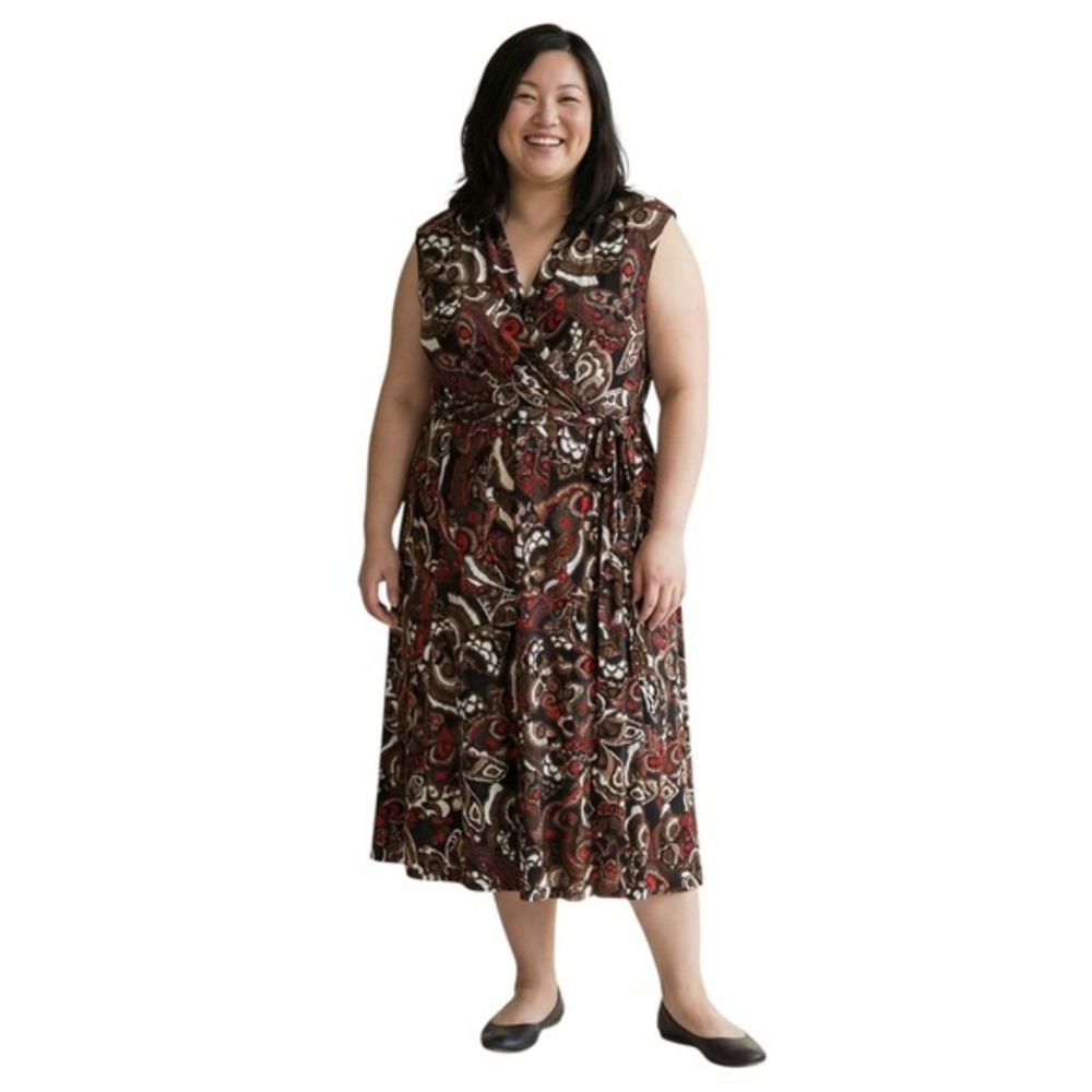Avenue Women Plus 26/28 Brown Paisley Butterfly Faux Wrap Midi‎ Dress Sleeveless